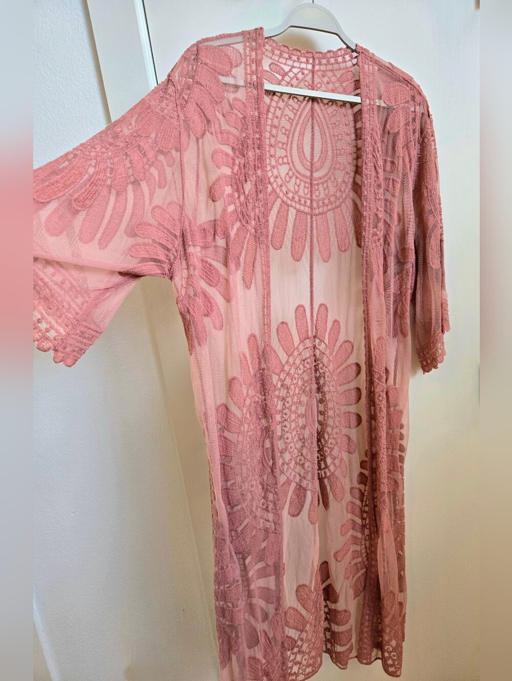 Rebellion Again Dusty Rose Boho Embroidered Lace Kimono Duster